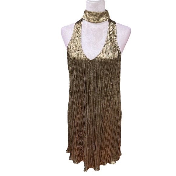 Show Me Your Mumu Friday Choker Metallic Cutout Dress in Good As Gold Pleat - S - Picture 15 of 15